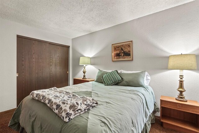 bedroom featuring carpet, a textured ceiling, and a closet