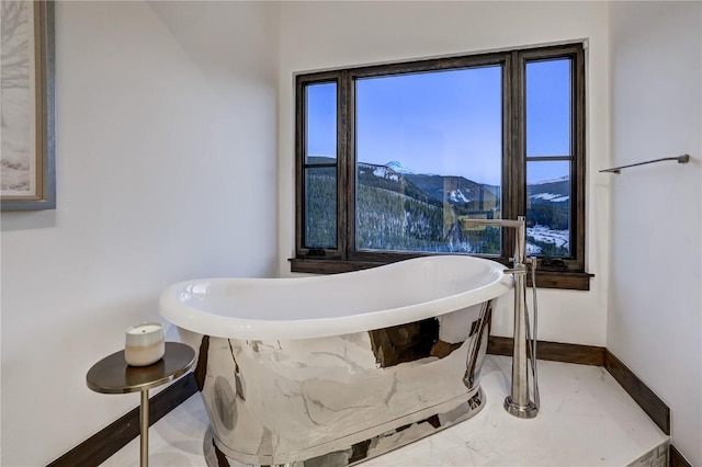 bathroom with a mountain view and a bath