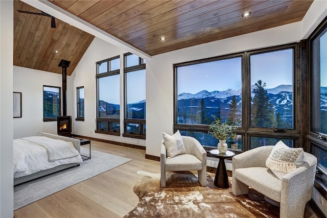 bedroom with a wood stove, high vaulted ceiling, a mountain view, wood ceiling, and light wood-type flooring