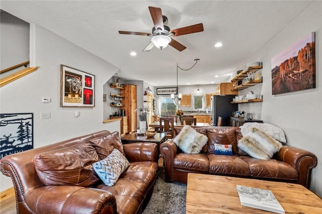 living room with ceiling fan