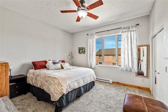 bedroom with light carpet, a textured ceiling, a baseboard radiator, and ceiling fan