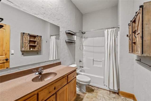 full bathroom featuring shower / bath combo, toilet, and vanity