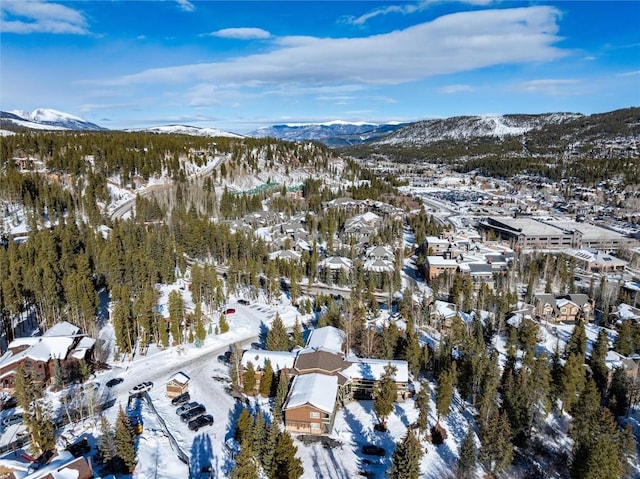 snowy aerial view featuring a mountain view