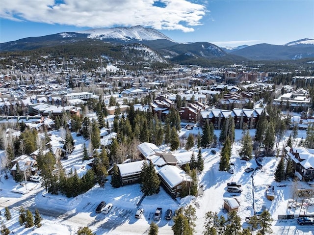 snowy aerial view featuring a mountain view