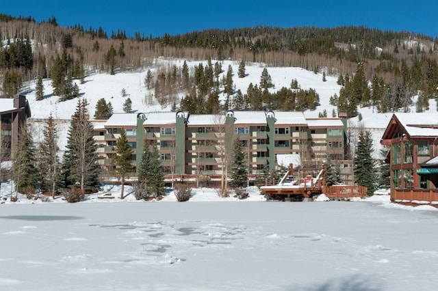 view of snow covered building