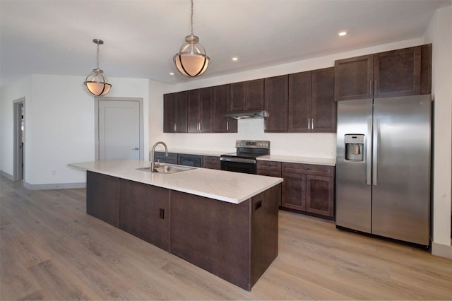 kitchen with pendant lighting, light hardwood / wood-style floors, a center island with sink, and stainless steel appliances