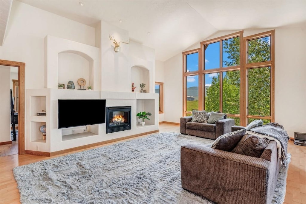 living room with hardwood / wood-style flooring, built in shelves, a healthy amount of sunlight, and high vaulted ceiling