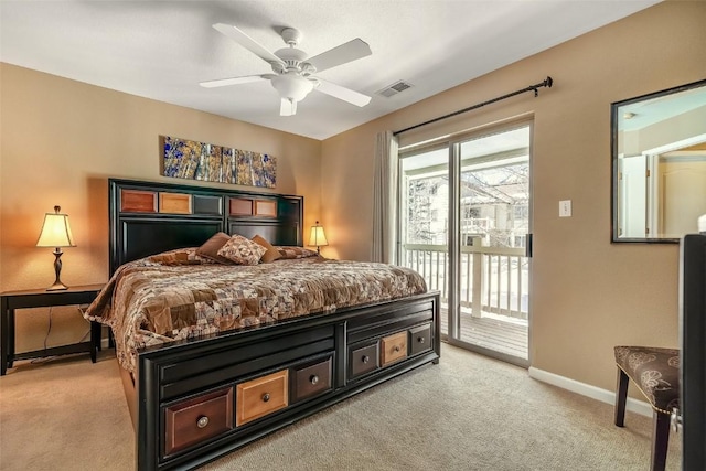 bedroom with baseboards, access to outside, visible vents, and light colored carpet