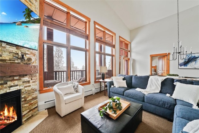 carpeted living room featuring a baseboard heating unit, a fireplace, high vaulted ceiling, and a notable chandelier