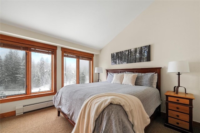 bedroom with carpet, vaulted ceiling, and baseboard heating