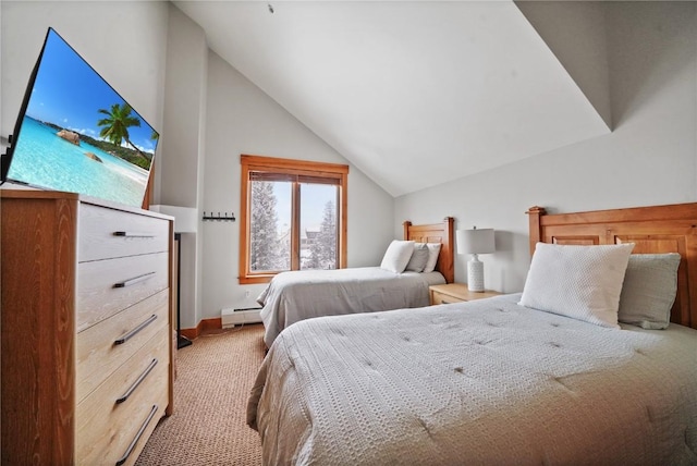 bedroom with a baseboard radiator, baseboards, vaulted ceiling, and light colored carpet