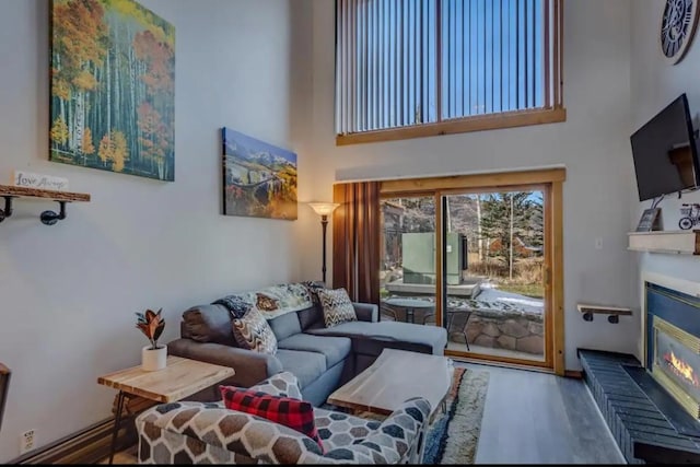 living area featuring a glass covered fireplace, a high ceiling, and wood finished floors