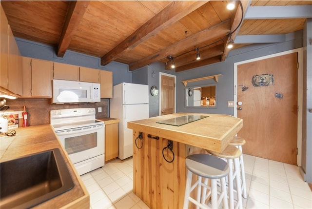 kitchen with sink, wooden ceiling, beamed ceiling, white appliances, and backsplash