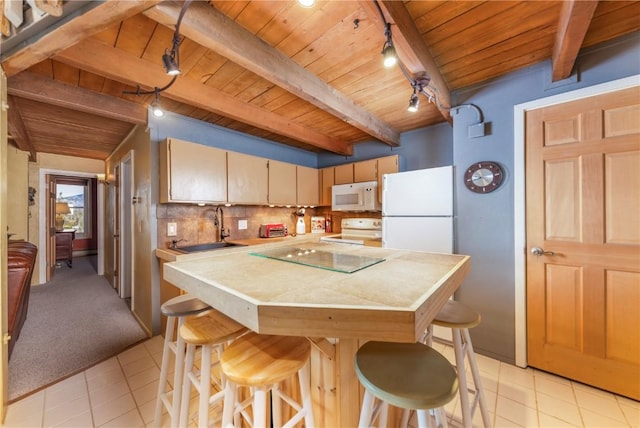 kitchen with a kitchen bar, sink, wood ceiling, and white appliances