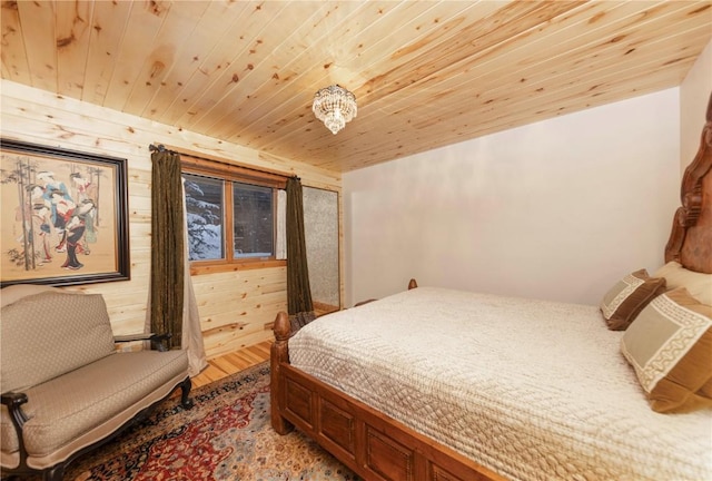 bedroom with wood-type flooring, wood ceiling, and wooden walls