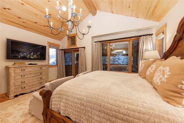 bedroom with access to outside, vaulted ceiling with beams, an inviting chandelier, and wooden ceiling