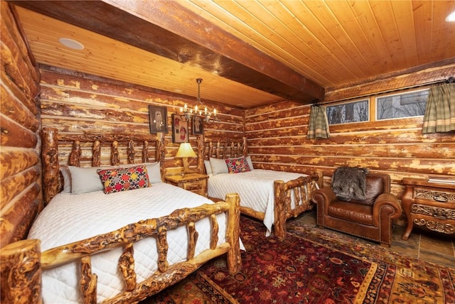 bedroom featuring wooden ceiling, log walls, beamed ceiling, and an inviting chandelier