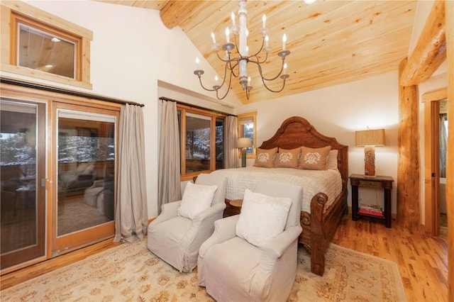 bedroom with wood ceiling, light hardwood / wood-style floors, access to outside, a notable chandelier, and beam ceiling