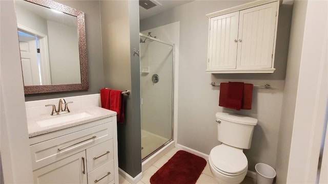 full bath featuring visible vents, a shower stall, toilet, and vanity