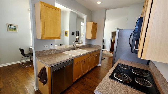 kitchen featuring dishwasher, dark wood-type flooring, a sink, and black electric cooktop