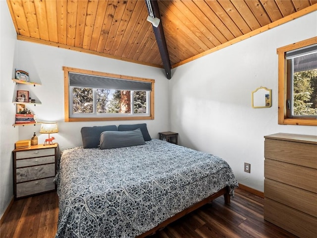 bedroom featuring wood ceiling, vaulted ceiling, and dark hardwood / wood-style floors