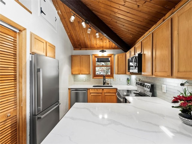 kitchen with sink, wood ceiling, stainless steel appliances, tasteful backsplash, and light stone countertops