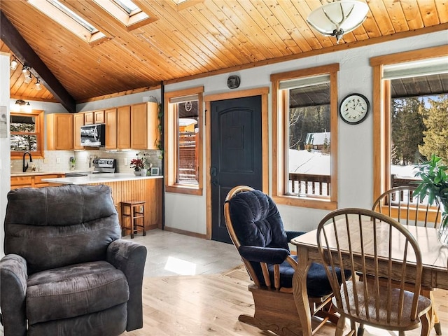 interior space featuring tasteful backsplash, sink, wood ceiling, and stainless steel appliances