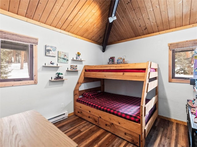 bedroom featuring lofted ceiling, a baseboard heating unit, wood ceiling, and dark hardwood / wood-style floors