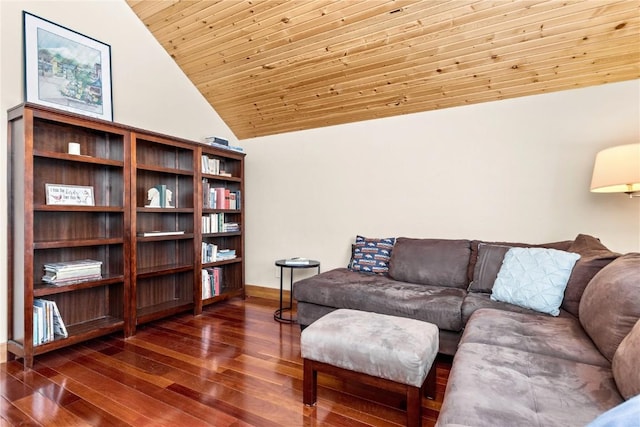 living area featuring high vaulted ceiling, wood finished floors, and wood ceiling