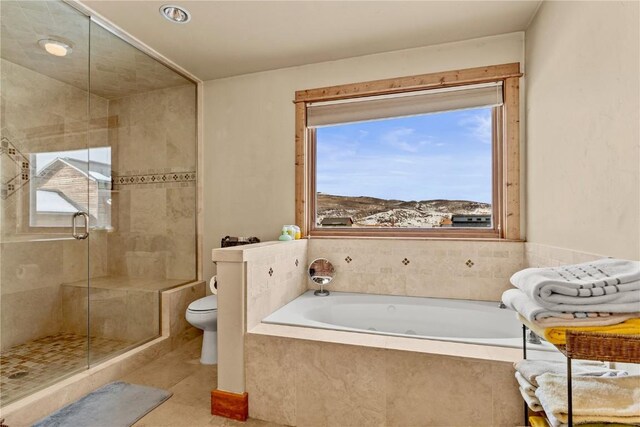 bathroom featuring a shower stall, toilet, and a bath