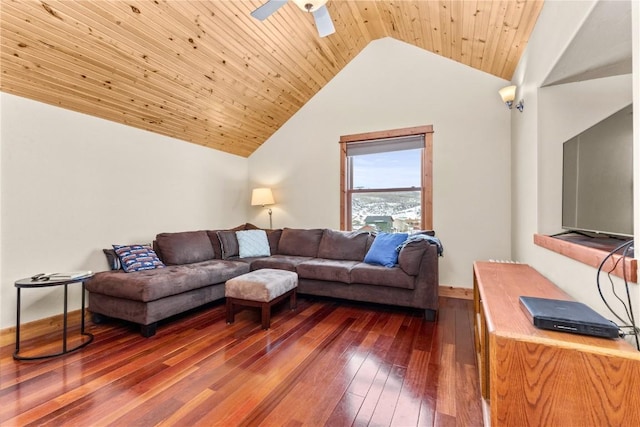 living area with dark wood-style flooring, wood ceiling, ceiling fan, high vaulted ceiling, and baseboards