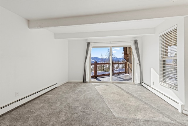 spare room featuring a baseboard radiator, baseboards, carpet, and beamed ceiling