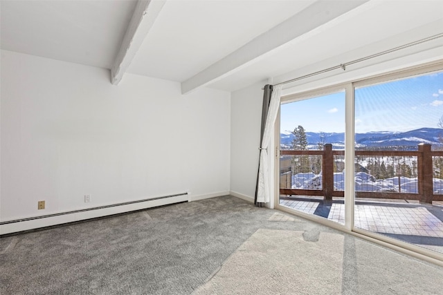 empty room featuring beam ceiling, a mountain view, carpet flooring, a baseboard radiator, and baseboards