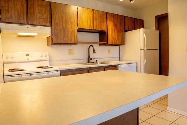 kitchen featuring sink, light tile patterned flooring, and white appliances