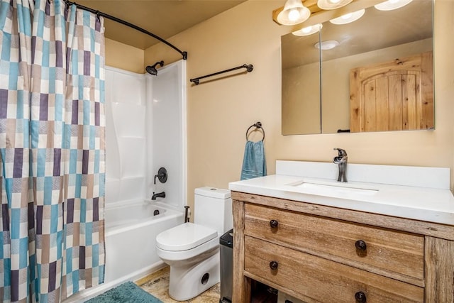 full bath with vanity, toilet, and shower / bathtub combination with curtain