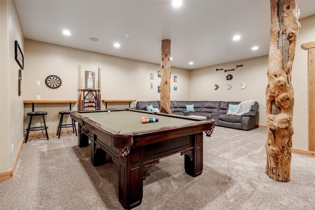 playroom featuring recessed lighting, baseboards, carpet, and billiards