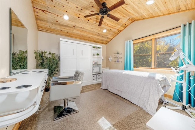 carpeted bedroom featuring recessed lighting, wood ceiling, lofted ceiling, and a ceiling fan