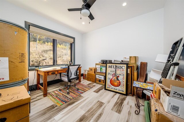 office area with recessed lighting, light wood-style floors, and ceiling fan