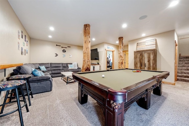 rec room featuring recessed lighting, light colored carpet, and billiards