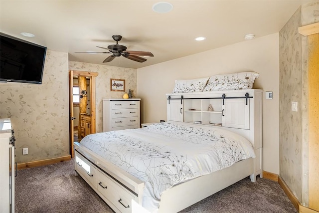 bedroom with wallpapered walls, carpet flooring, baseboards, and ceiling fan