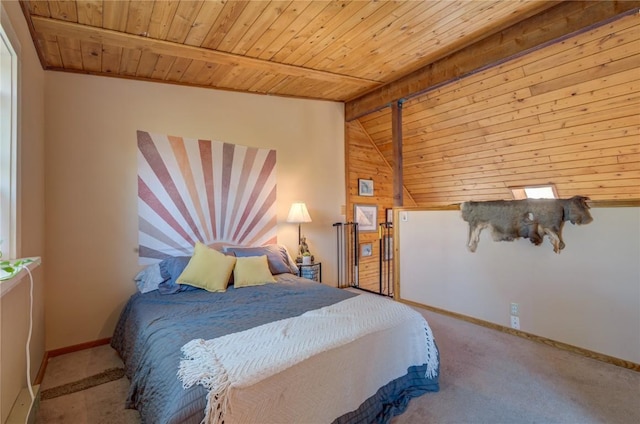 carpeted bedroom featuring wooden ceiling, vaulted ceiling with beams, and baseboards