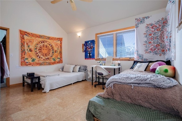 bedroom with high vaulted ceiling and ceiling fan