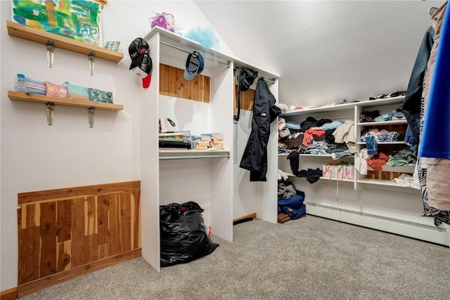 spacious closet featuring light carpet and a baseboard radiator