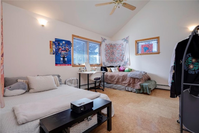 bedroom featuring ceiling fan, a baseboard radiator, and high vaulted ceiling