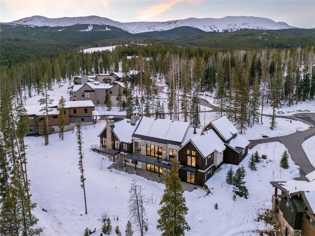 snowy aerial view with a mountain view