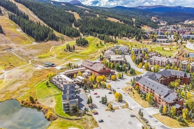 drone / aerial view with a water and mountain view