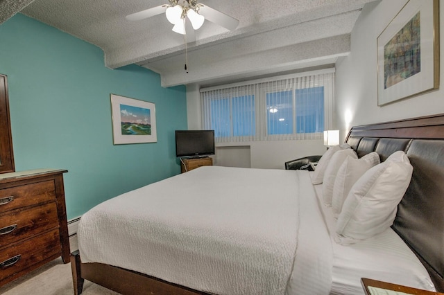 bedroom featuring ceiling fan, beam ceiling, and a textured ceiling