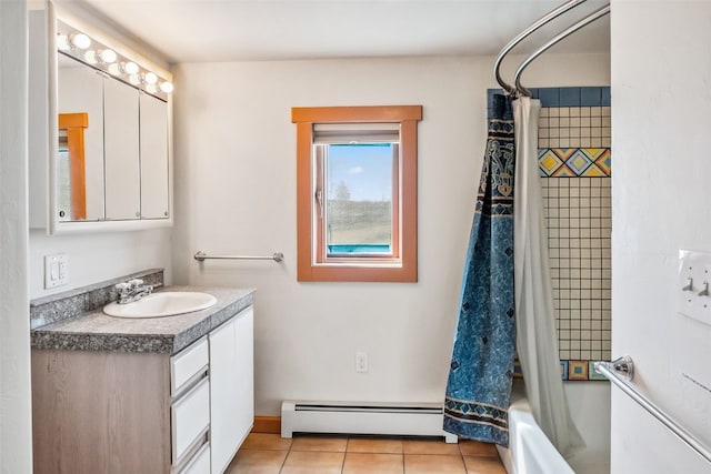 bathroom with tile patterned flooring, shower / bath combo, vanity, and a baseboard radiator