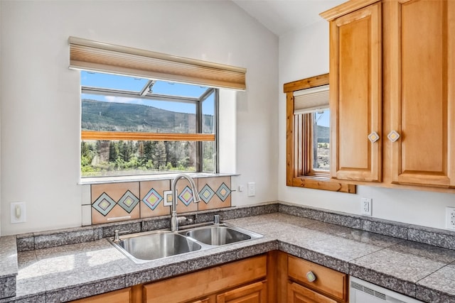 kitchen featuring plenty of natural light, dishwasher, a mountain view, and sink