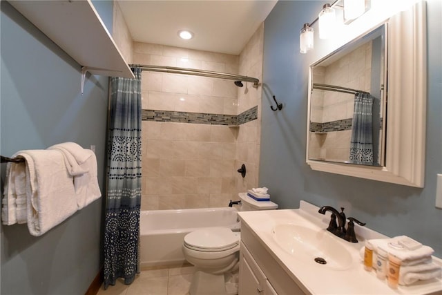 full bathroom with shower / bath combination with curtain, vanity, toilet, and tile patterned floors